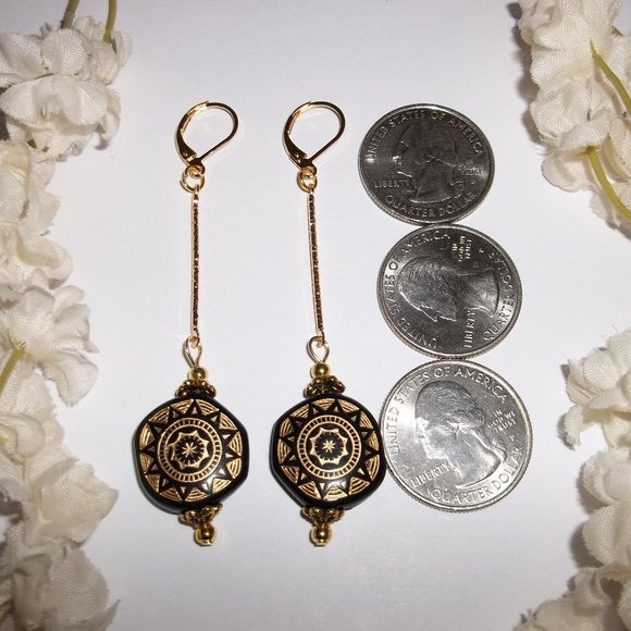 Long Earrings Black & Gold Beaded Tribal Edgy 6409 - Picture 3 of 12